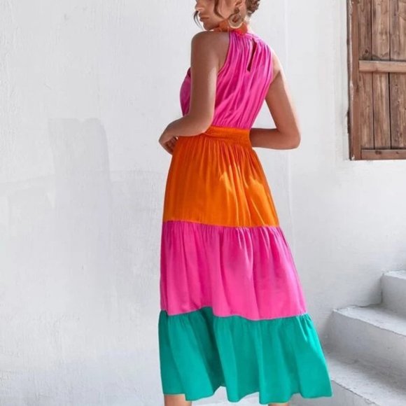 Boho Multi Color Shirred Halter Ruffle Hem Maxi Dress - Picture 6 of 6